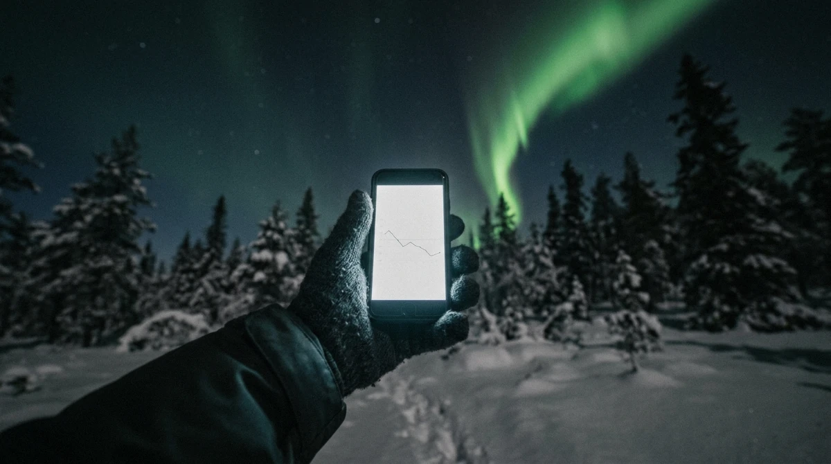 A traveller checking the Rovaniemi northern lights forecast on a phone while a green aurora arc rises over snowy spruce forest in Finnish Lapland