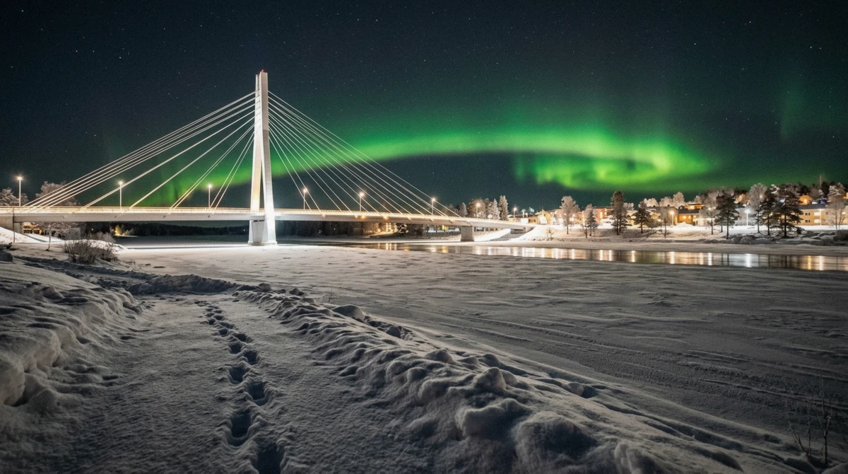 Green aurora over the Jätkänkynttilä bridge and the frozen Kemijoki river, the free spot where you can see the northern lights in Rovaniemi without a tour