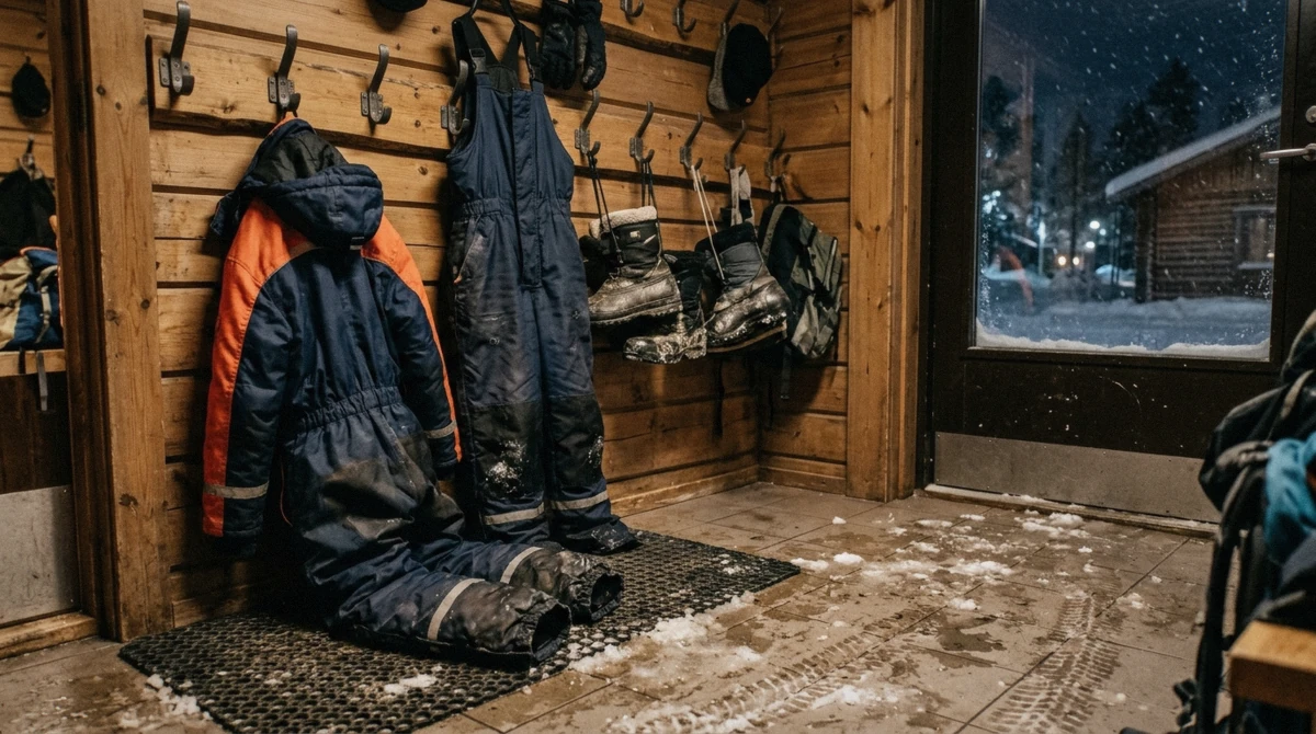 Thermal overalls and boots issued before an aurora borealis tour Rovaniemi guides run in temperatures of minus 25 degrees, Finnish Lapland